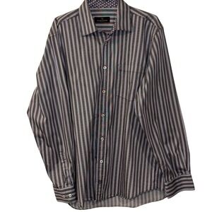 Bugatchi Uomo Mens Striped Button Down Shirt Purple Green Cotton Long Sleeve L
